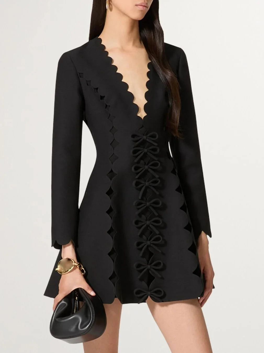 Bow-Embellished Black Scalloped V-Neck Mini Dress - Dresses
