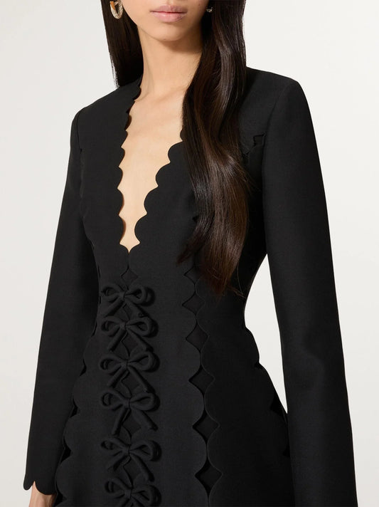 Bow-Embellished Black Scalloped V-Neck Mini Dress - Dresses