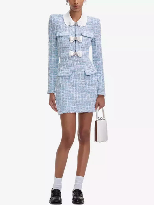 Bow-Embellished Blue Knit Check Mini Dress - Dresses