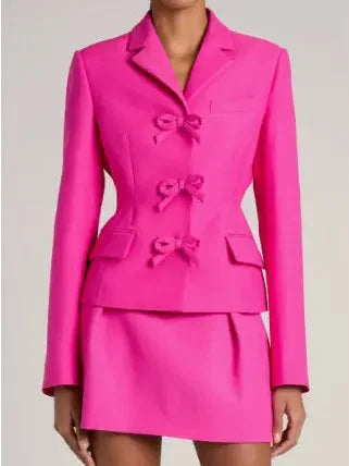 Bow-Embellished Hot Pink Single-Breasted Blazer - Jackets