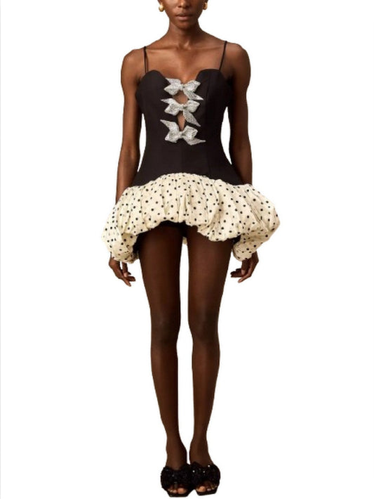 Bow-Embellished Mini Dress with Puff Polka Dot Skirt - Dresses