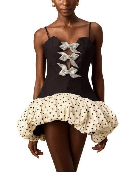Bow-Embellished Mini Dress with Puff Polka Dot Skirt - Dresses