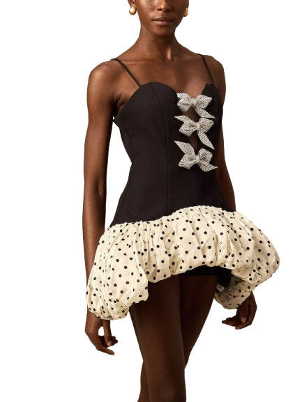 Bow-Embellished Mini Dress with Puff Polka Dot Skirt - Dresses