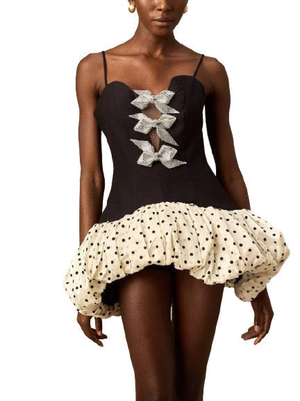 Bow-Embellished Mini Dress with Puff Polka Dot Skirt - Dresses