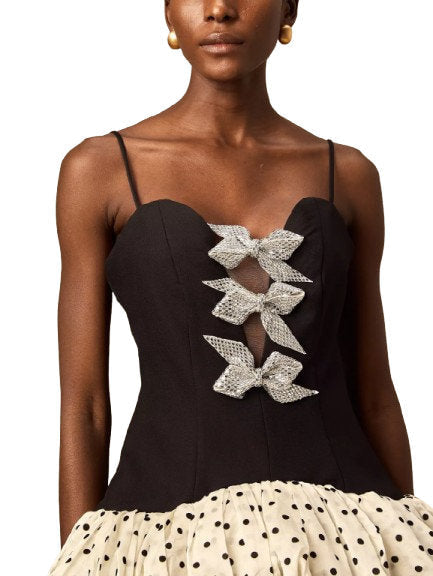 Bow-Embellished Mini Dress with Puff Polka Dot Skirt - Dresses