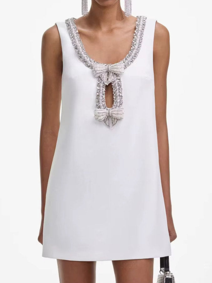 Bow Embellished Mini Shift Dress - XS / White - Dresses