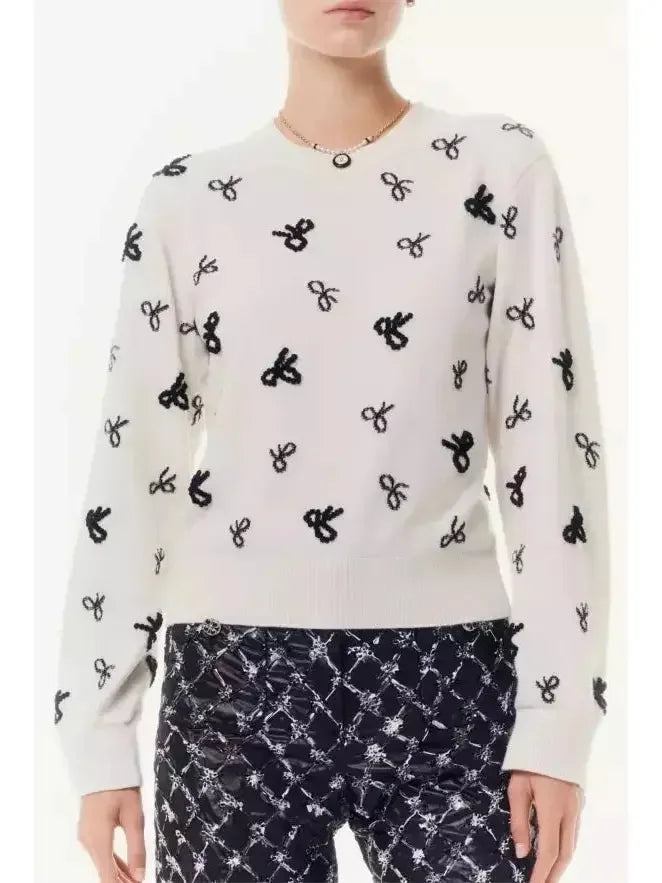 Bow-Embellished White and Black Cashmere Pullover Sweater - Sweaters & Knitwear