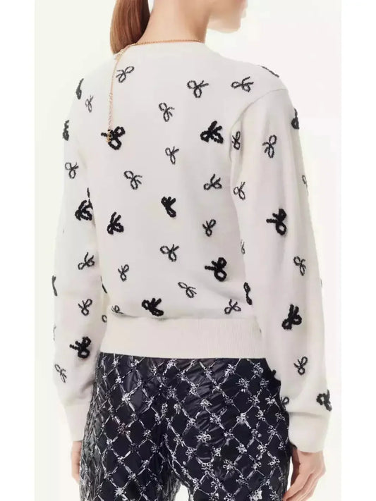 Bow-Embellished White and Black Cashmere Pullover Sweater - Sweaters & Knitwear