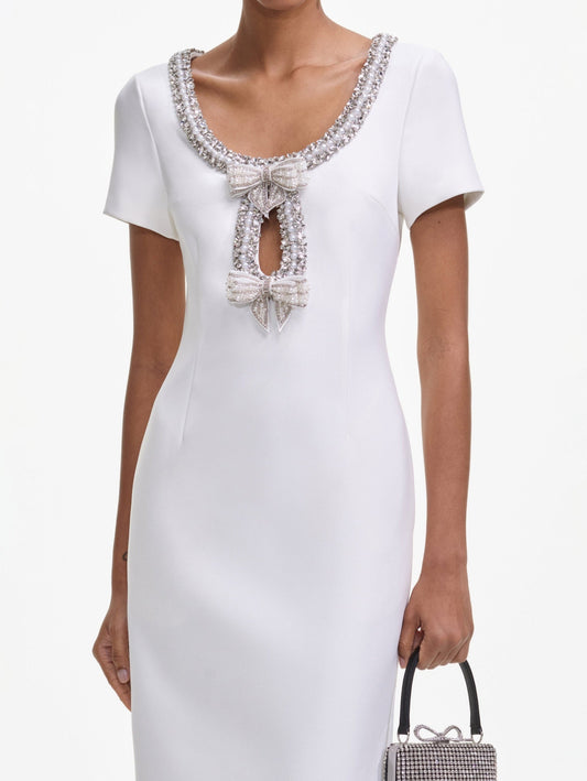 Bow Embellished White Midi Dress - Dresses