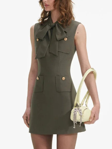 Bow-Knot Multi-Pocket Mini Dress in Military Green - Dresses