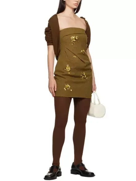 Bow Pintuck Strapless Mini Dress with Gold Sequin Appliques - Dresses