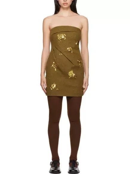 Bow Pintuck Strapless Mini Dress with Gold Sequin Appliques - Dresses