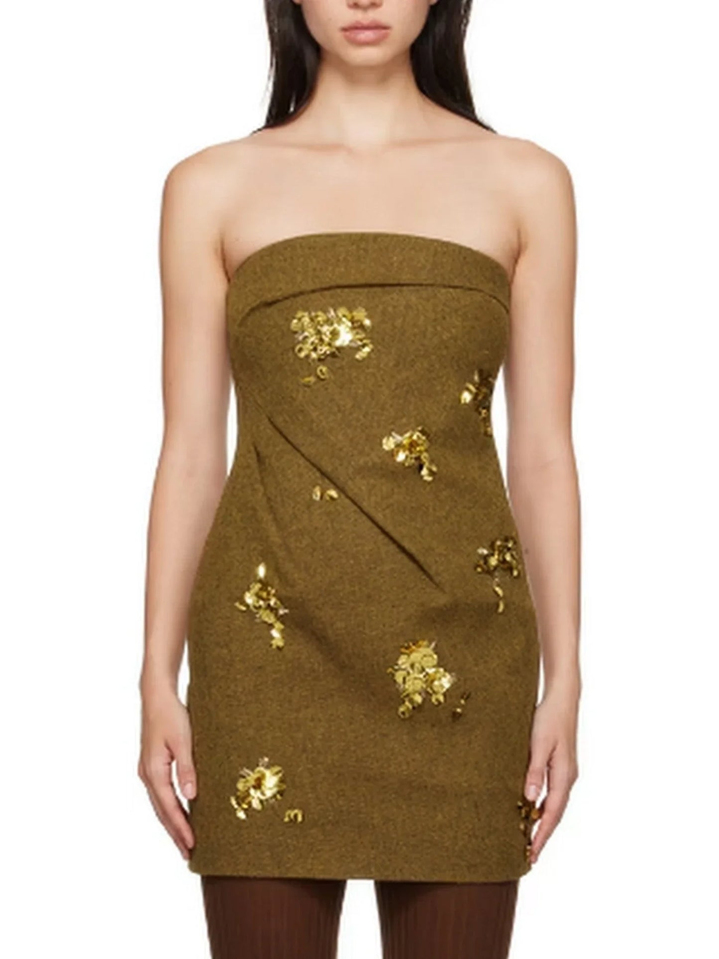 Bow Pintuck Strapless Mini Dress with Gold Sequin Appliques - Dresses