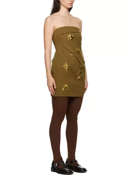 Bow Pintuck Strapless Mini Dress with Gold Sequin Appliques - Dresses