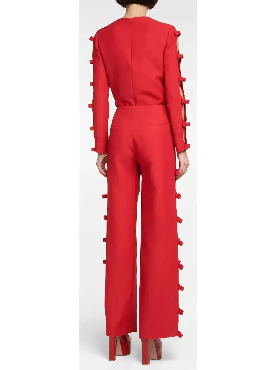 Bow-Trimmed Long-Sleeve Top and Pant Set in Red - Suits & Sets