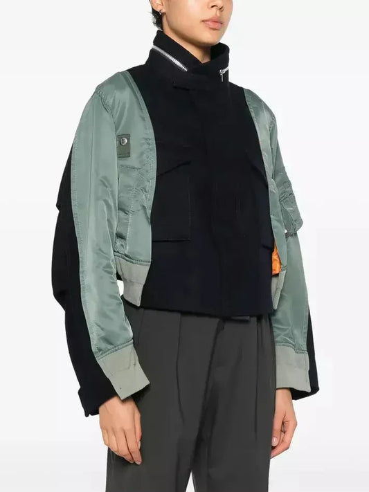 Boxy Paneled Two-Tone Bomber Jacket - Jackets