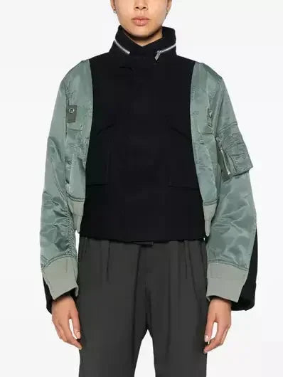 Boxy Paneled Two-Tone Bomber Jacket - Jackets