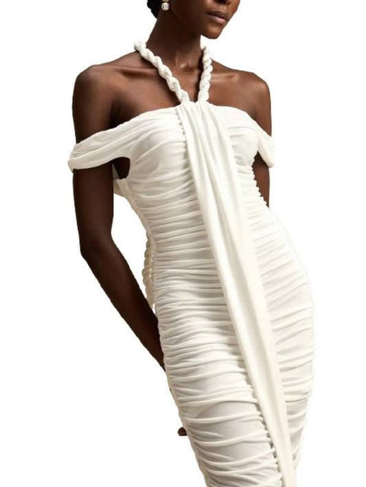 Braided Rope Halterneck Ruched White Midi Dress - Dresses
