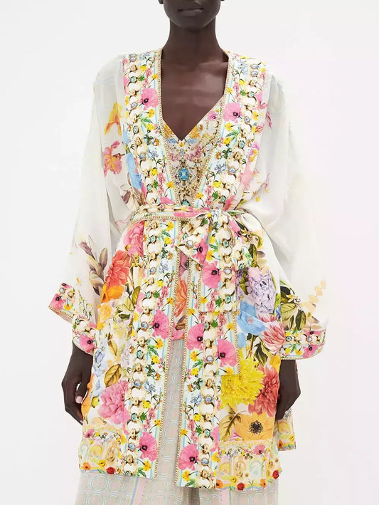 Bright Floral Print Self-Tie Silk Kimono - One size - Coats