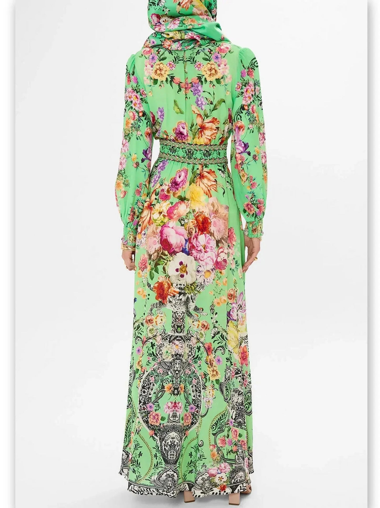 Bright Green Button-Down Dress with Multicolored Floral Print - Dresses
