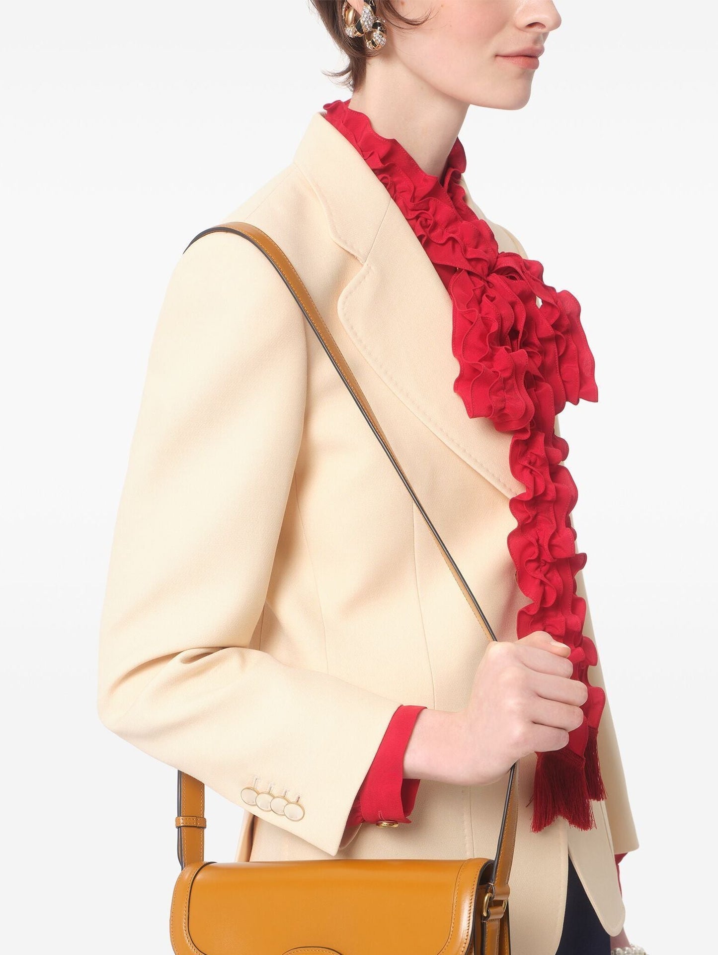 Bright Red Ruffled Collar Fringed Tie-Neck Shirt with ruffled trim and fringe details