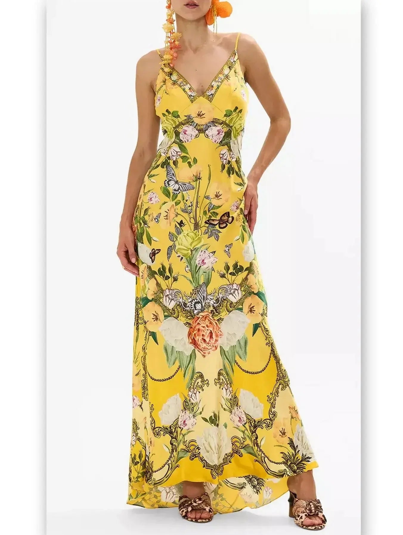 Bright Yellow Garden Printed Long Silk Slip Dress - Dresses