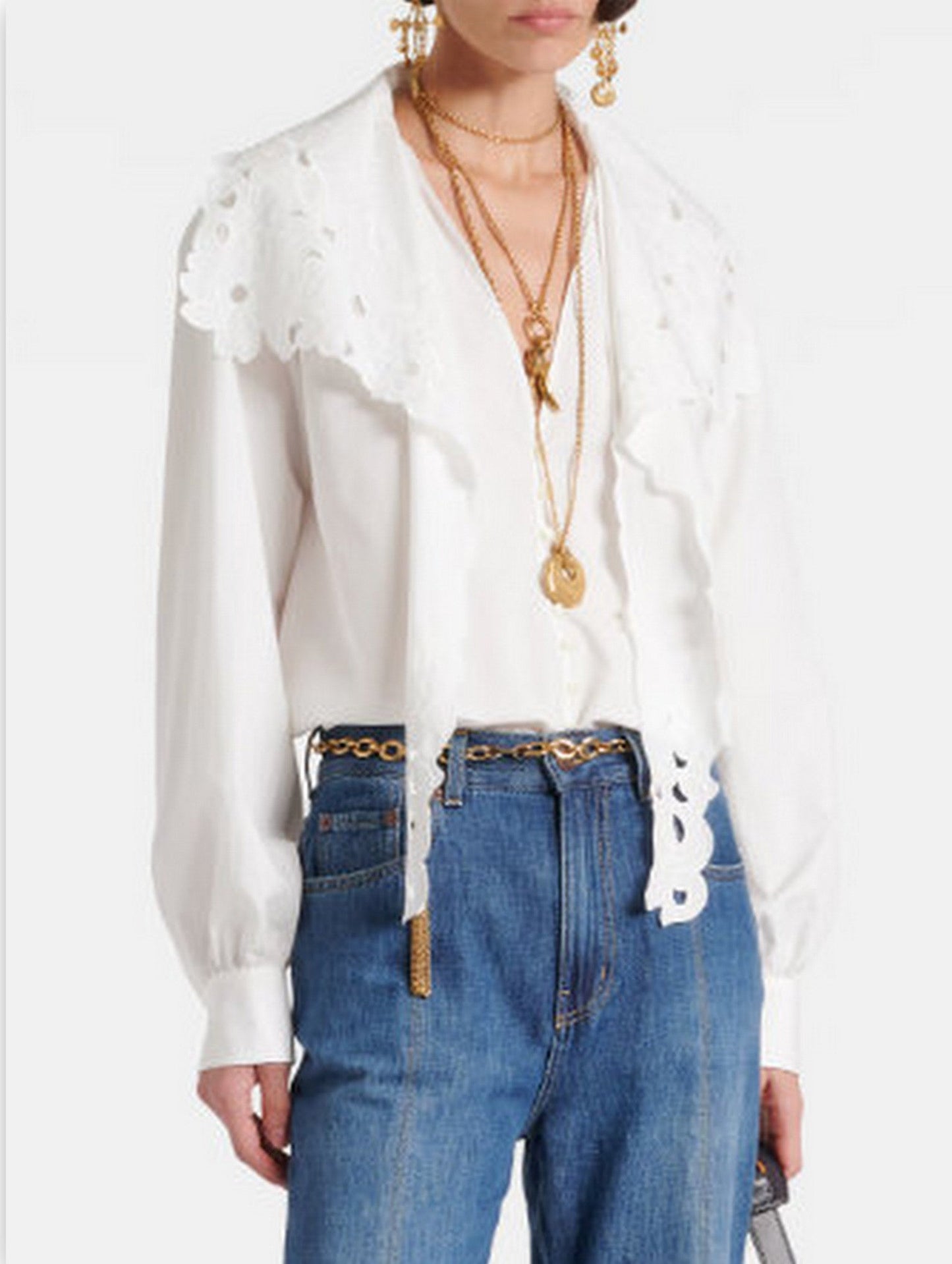 White Eyelet-Trimmed Broderie Anglaise Cotton Poplin Blouse with Blue Jeans