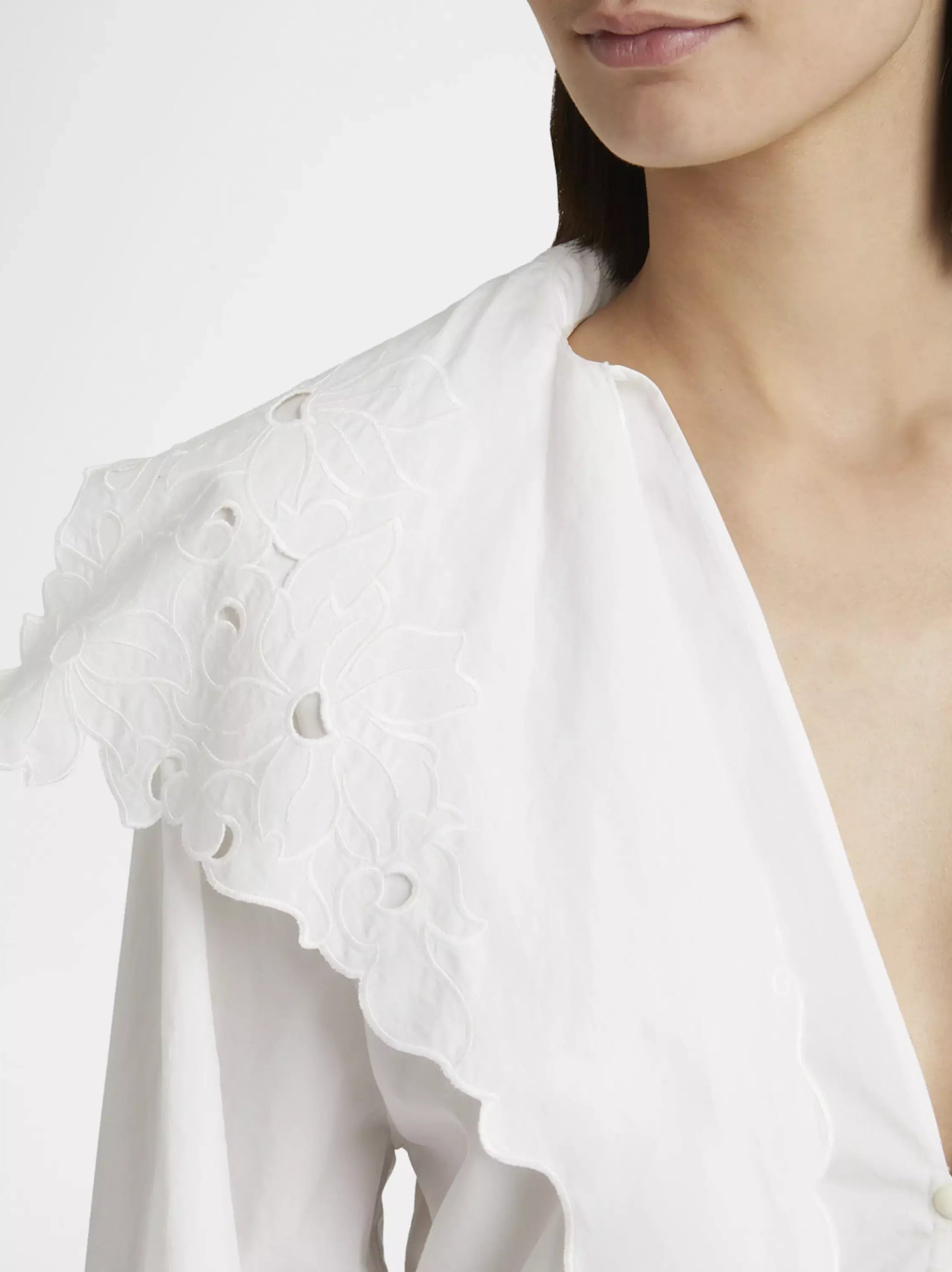 White Eyelet-Trimmed Broderie Anglaise Cotton Poplin Blouse Pair with Blue Jeans
