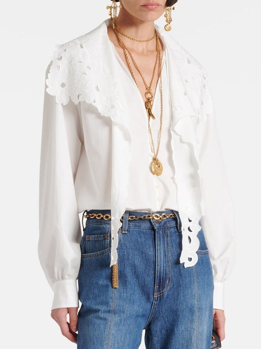 White Broderie Anglaise Cotton Poplin Blouse with an eyelet collar detail