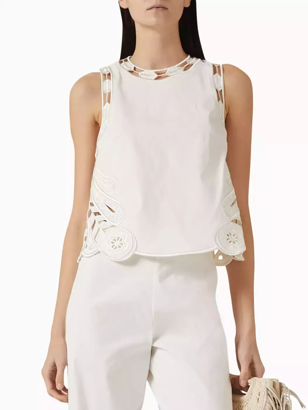 Broderie Anglaise Cropped White Tank and Pant Set - Suits & Sets