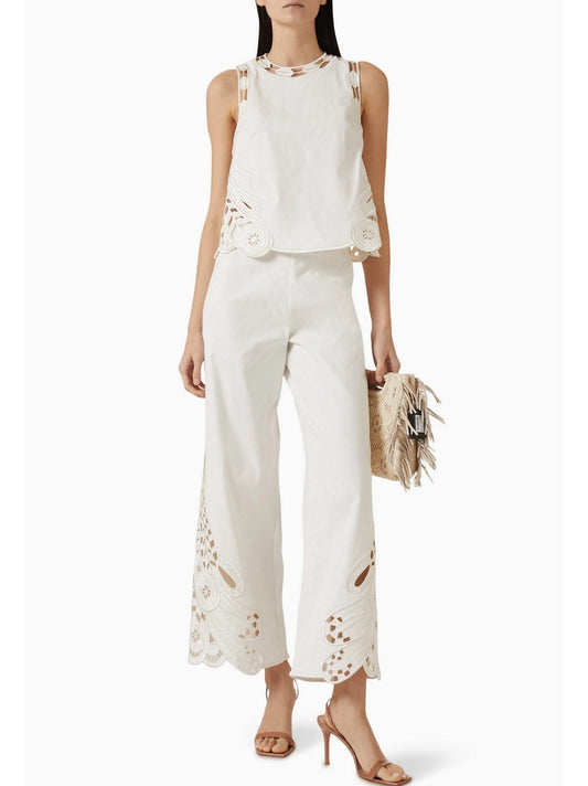 Broderie Anglaise Cropped White Tank and Pant Set - Suits & Sets