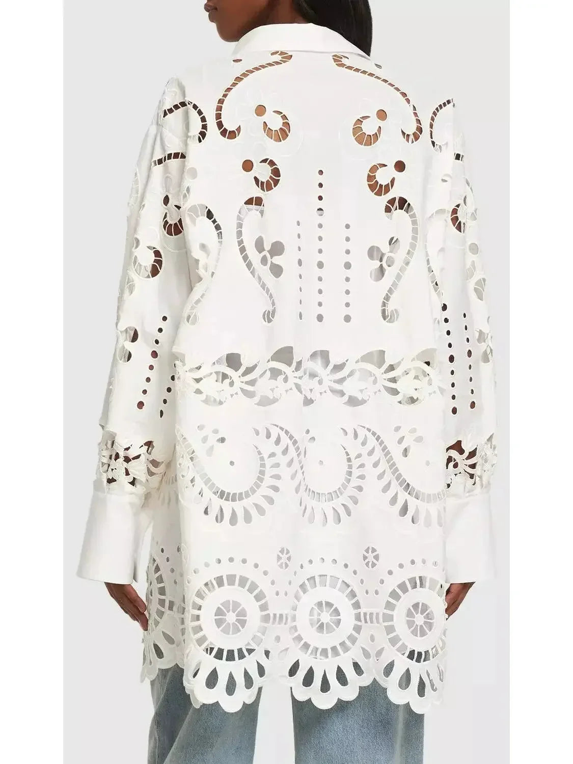 Broderie Cotton Lace Oversize White Shirt - Tops