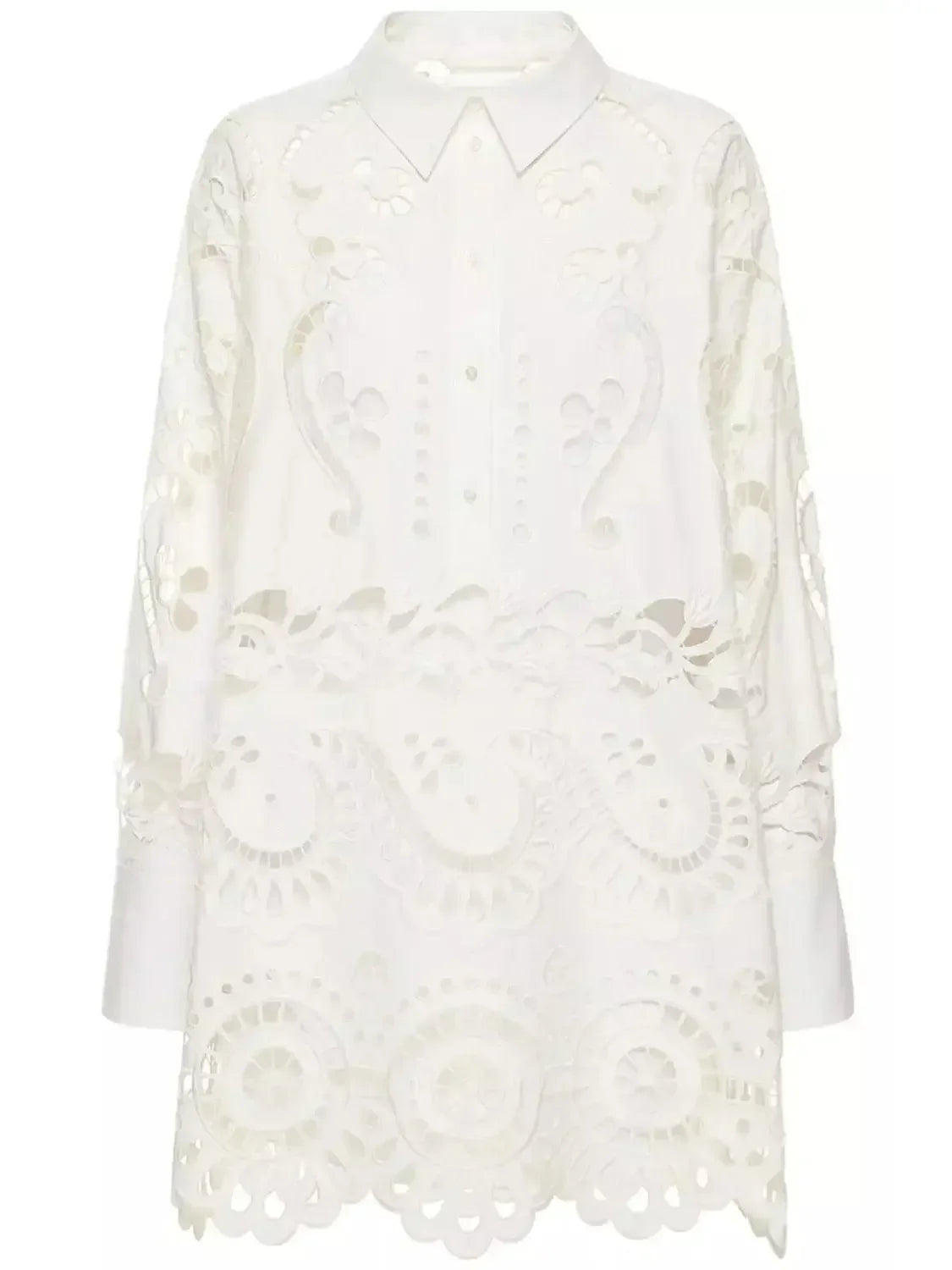 Broderie Cotton Lace Oversize White Shirt - Tops