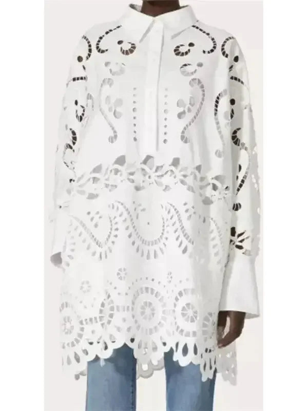 Broderie Cotton Lace Oversize White Shirt - small - Tops