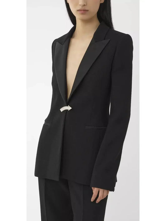 Brooch-Detail Embellished Black Tuxedo Jacket - Jackets