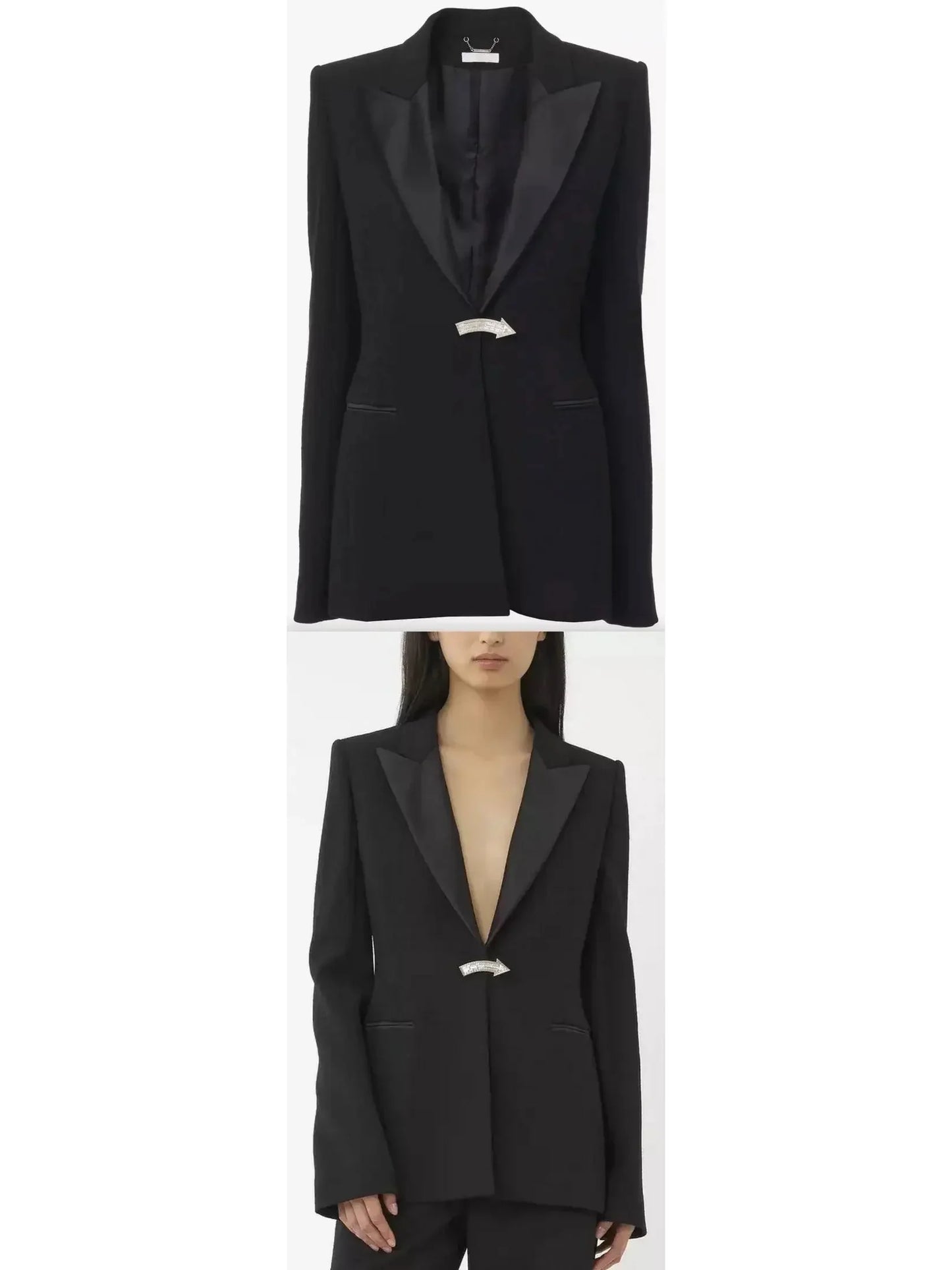 Brooch-Detail Embellished Black Tuxedo Jacket - Jackets
