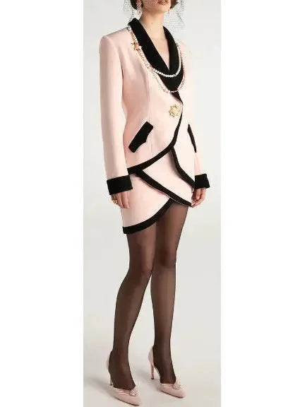 Brooke Single-Breasted Suit Jacket and Skirt Set in Pink and Black - Suits & Sets