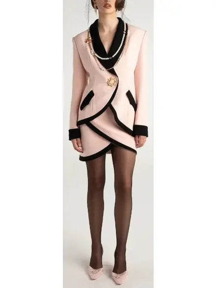 Brooke Single-Breasted Suit Jacket and Skirt Set in Pink and Black - s - Suits & Sets