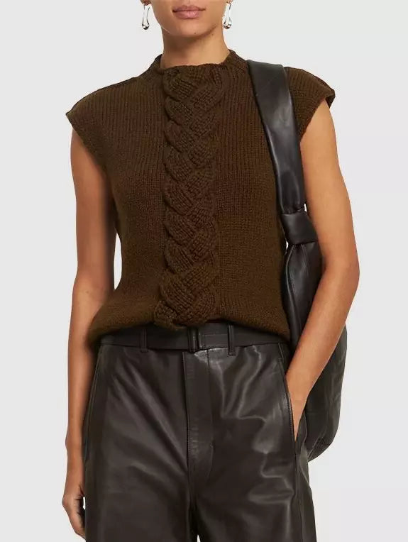 Brown Cable Knit Sleeveless Sweater featuring a stylish cable design in a cozy vest