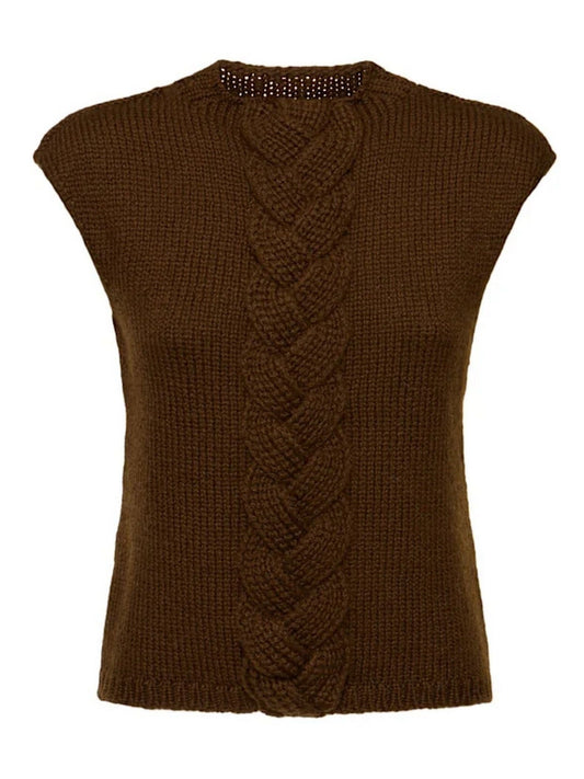 Brown cable knit sleeveless sweater featuring elegant cable detail design