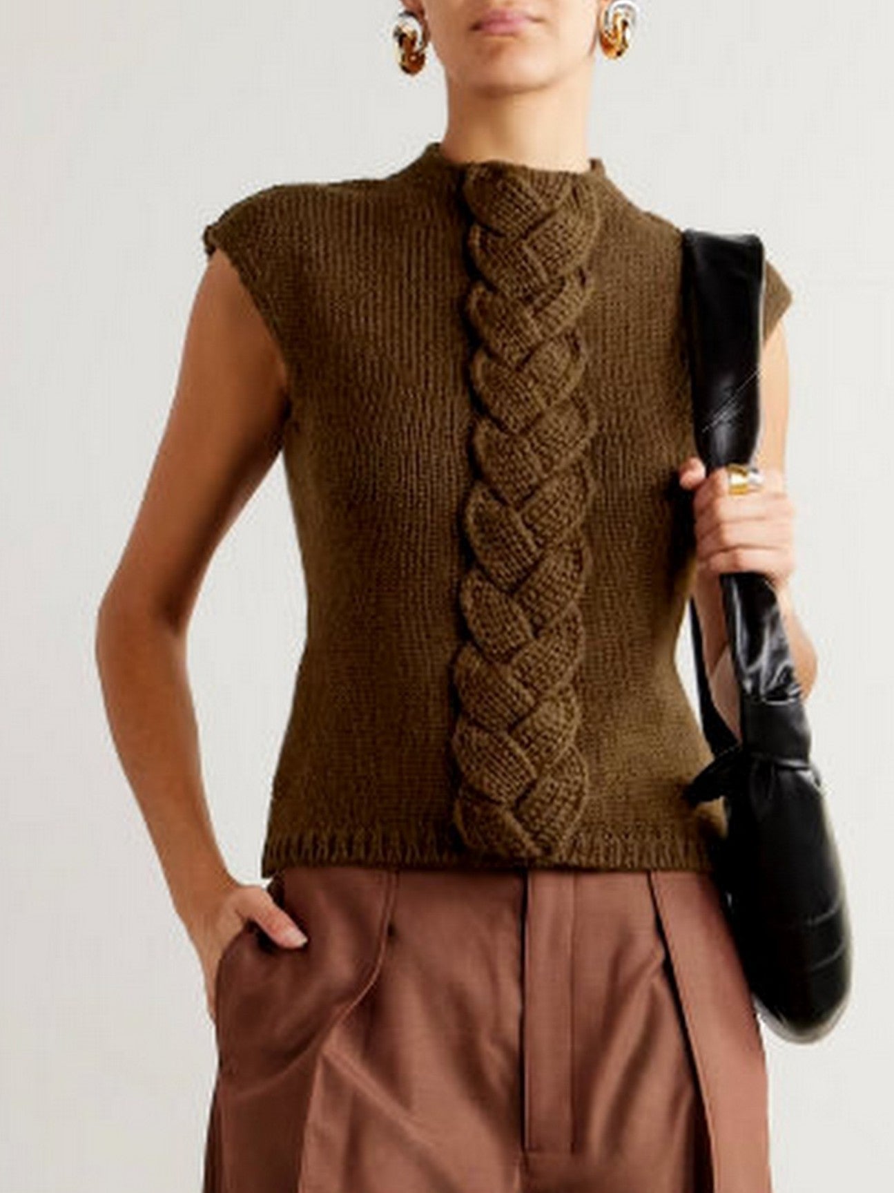 Olive green cable knit sleeveless sweater with braided center detail