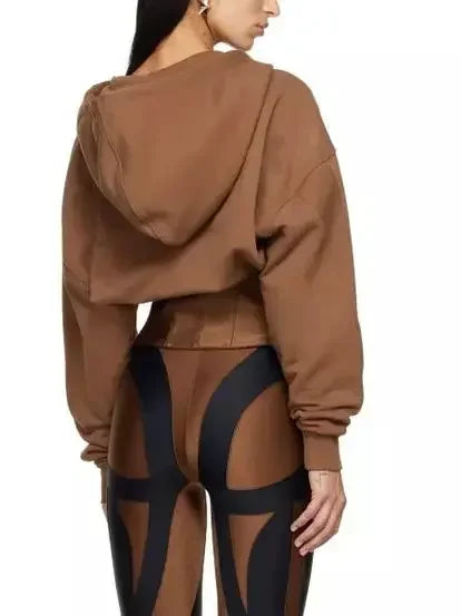 Brown Corseted Hybrid Hoodie - Tops