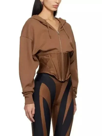 Brown Corseted Hybrid Hoodie - Tops