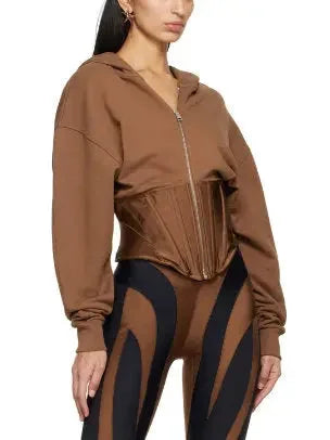 Brown Corseted Hybrid Hoodie - Tops