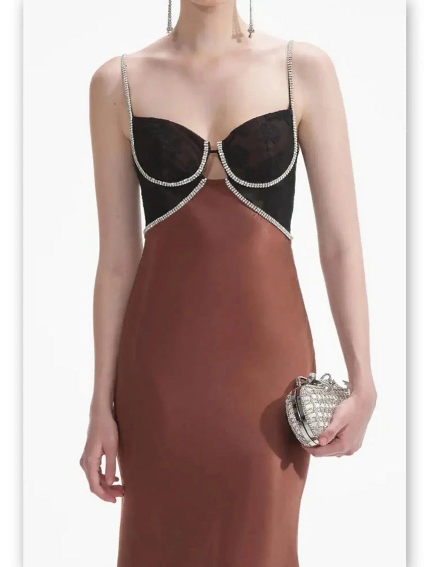 Brown Crystal-Detailed Satin Maxi Dress - Dresses