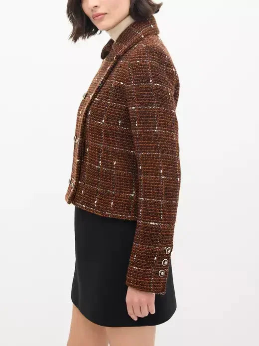 Brown with White Woven Wool Tweed Double-Breasted Jacket - Jackets