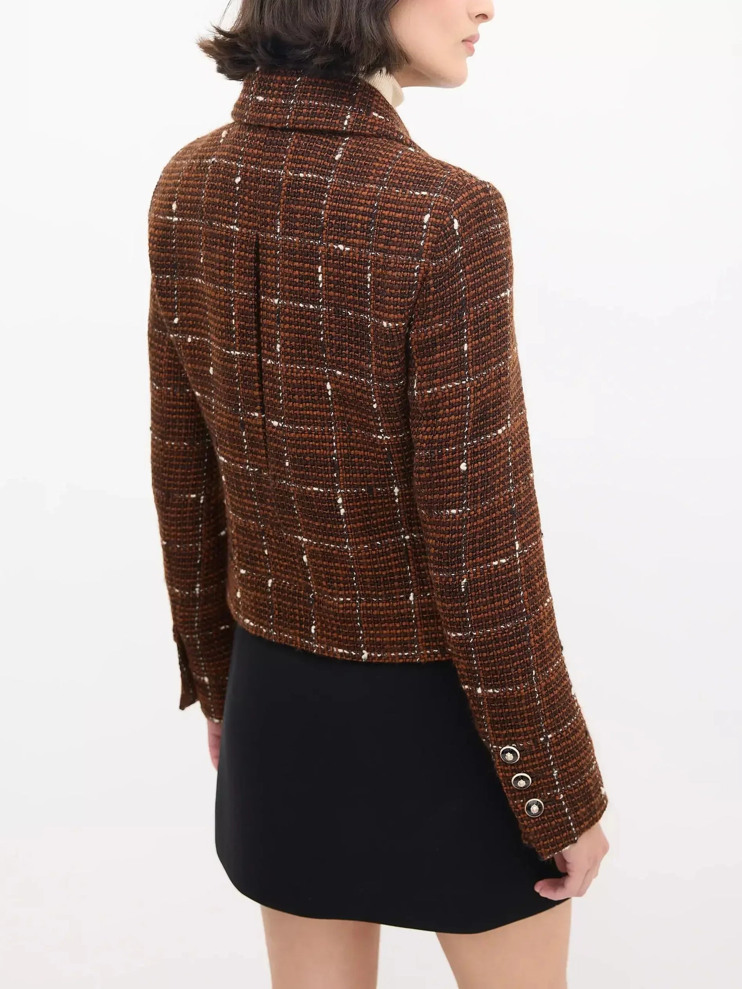 Brown with White Woven Wool Tweed Double-Breasted Jacket - Jackets