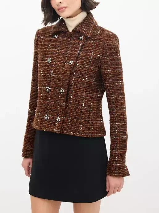 Brown with White Woven Wool Tweed Double-Breasted Jacket - Jackets