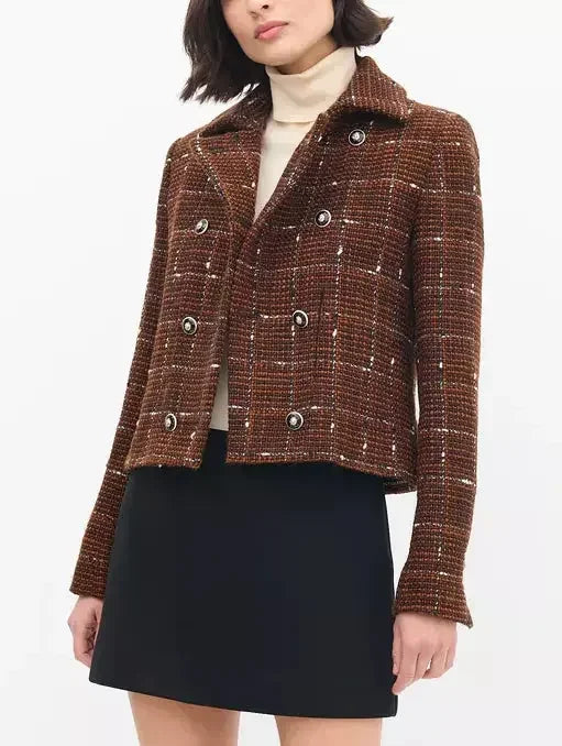 Brown with White Woven Wool Tweed Double-Breasted Jacket - Jackets