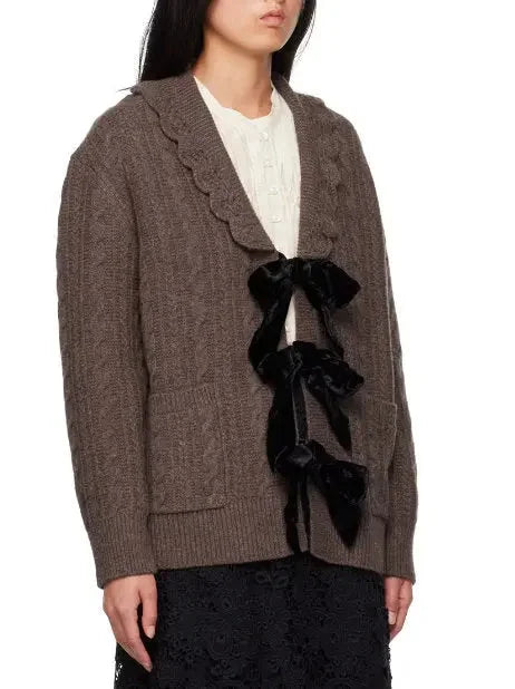 Brown Wool Cardigan with Velvet Bow Tie Closure - Sweaters & Knitwear